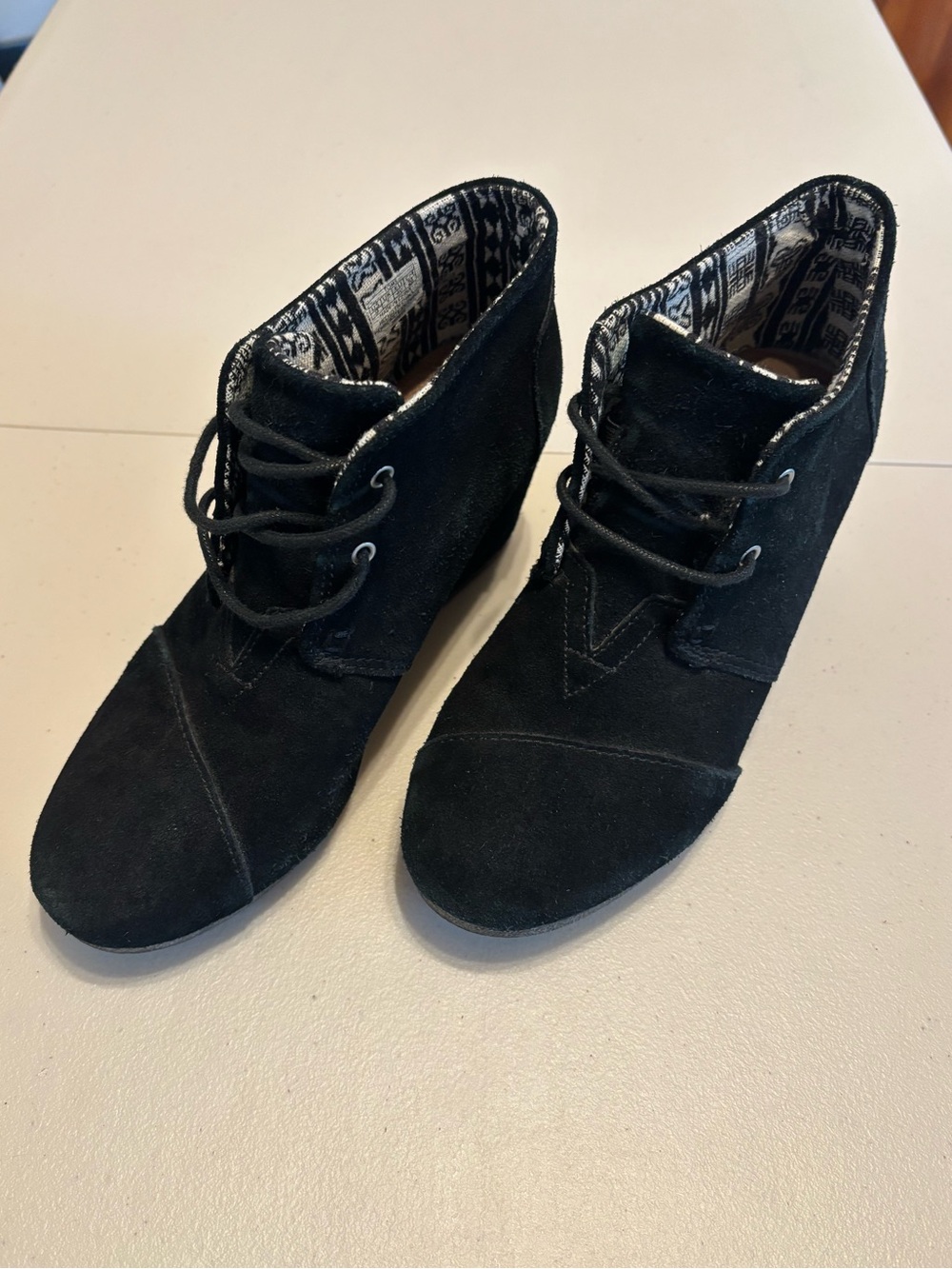Toms Black Suede Lace-Up Wedge Ankle Booties